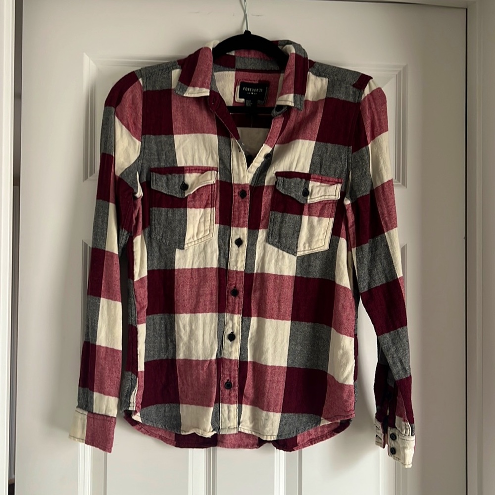 Tartan Plaid Flannel Shirt (cream/red)